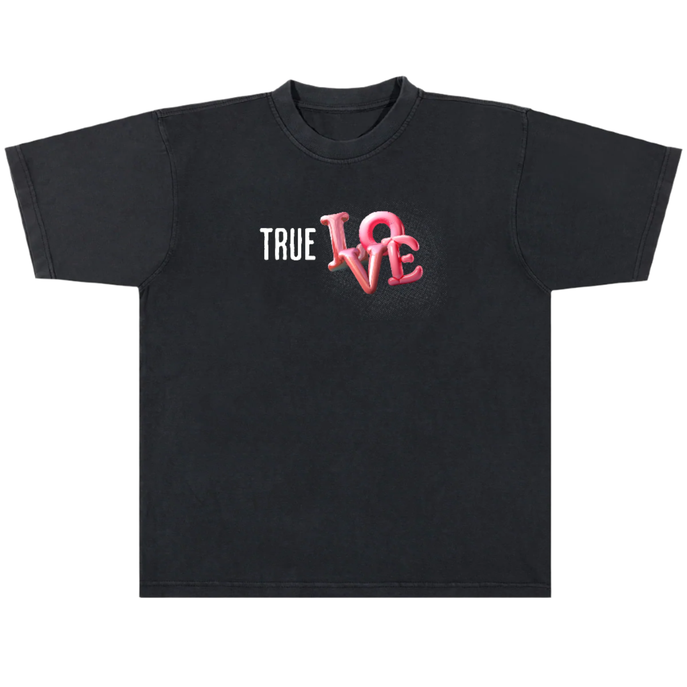 Black t-shirt with 'TRUE LOVE' text and red heart design on a white background
