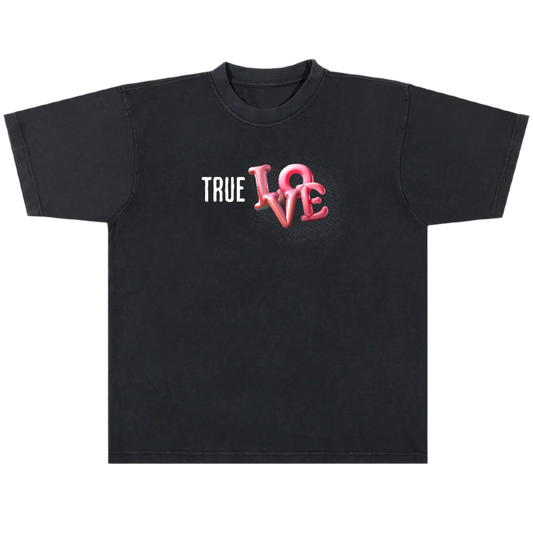 Black t-shirt with 'TRUE LOVE' text and red heart design on a white background