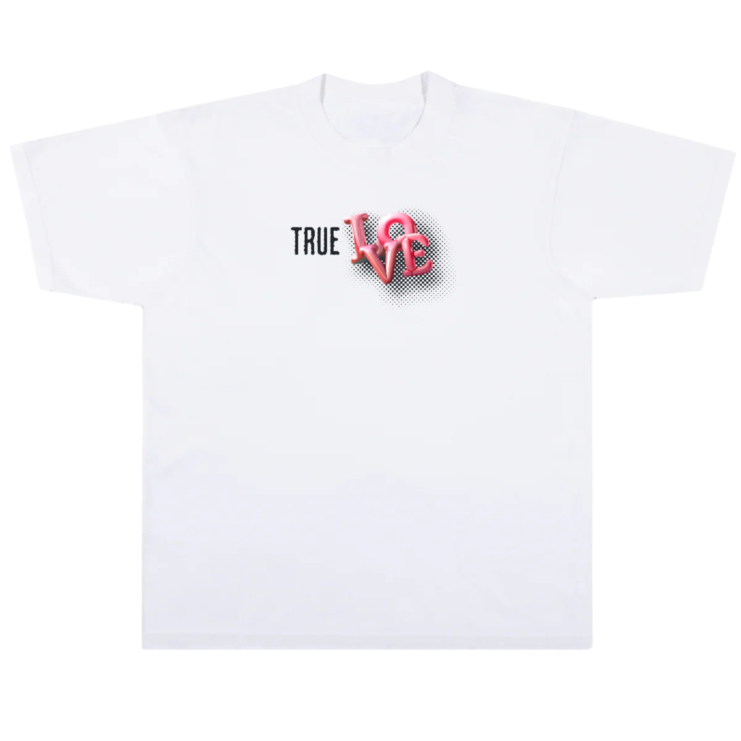 White t-shirt with 'TRUE LOVE' text and heart design on a white background