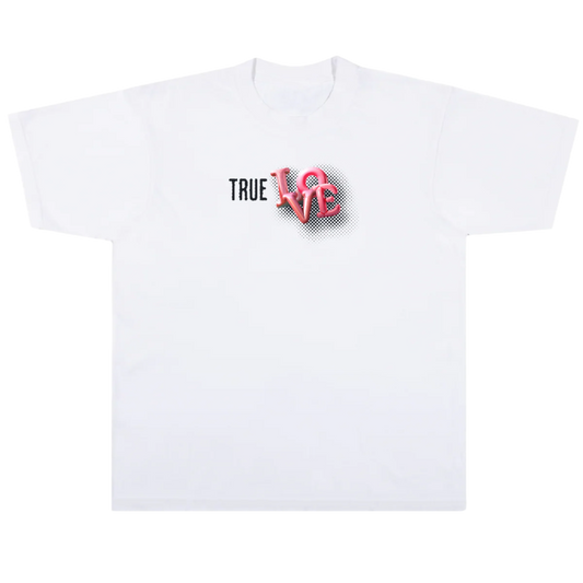 White t-shirt with 'TRUE LOVE' text and heart design on a white background