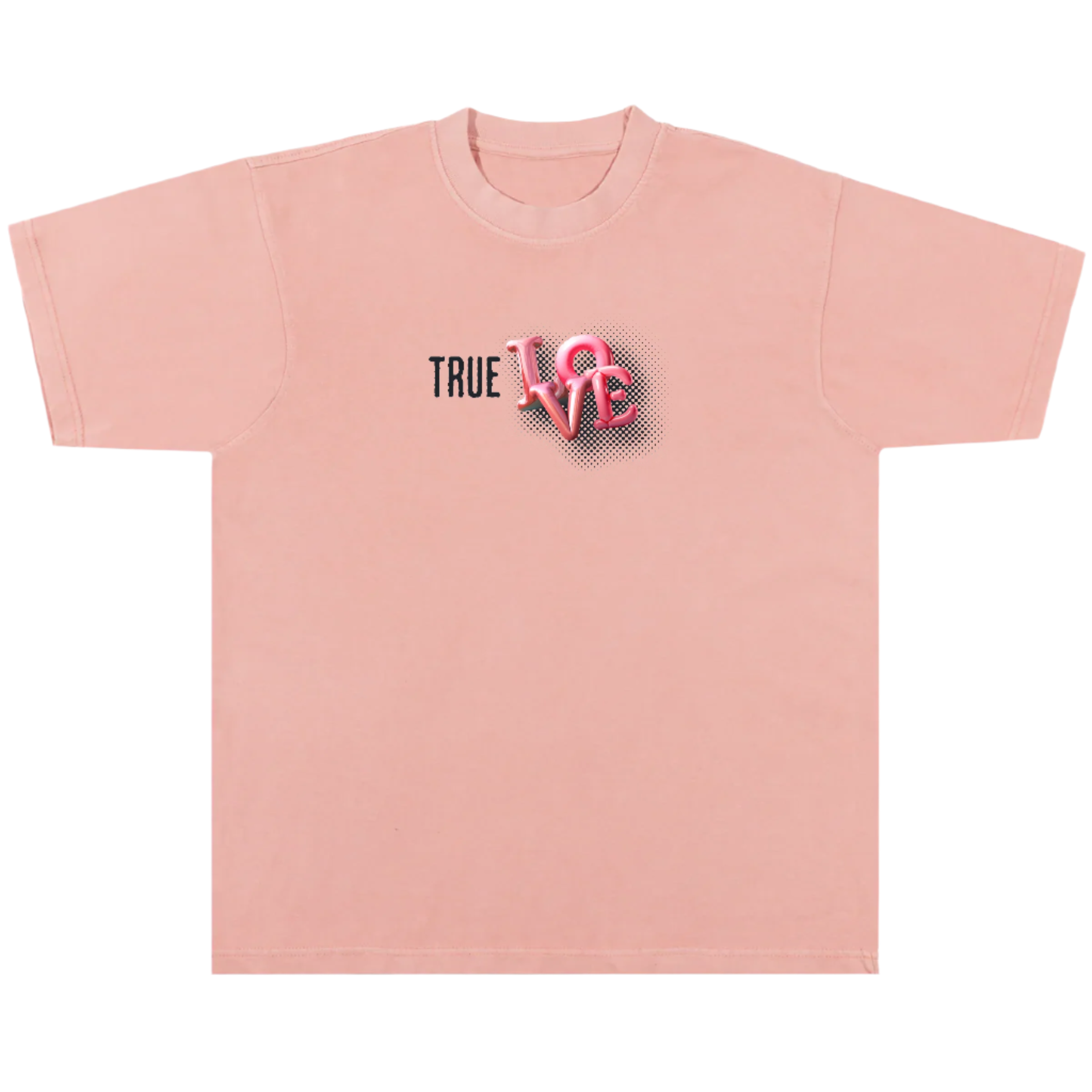 Pink t-shirt with 'True Love' graphic on a white background