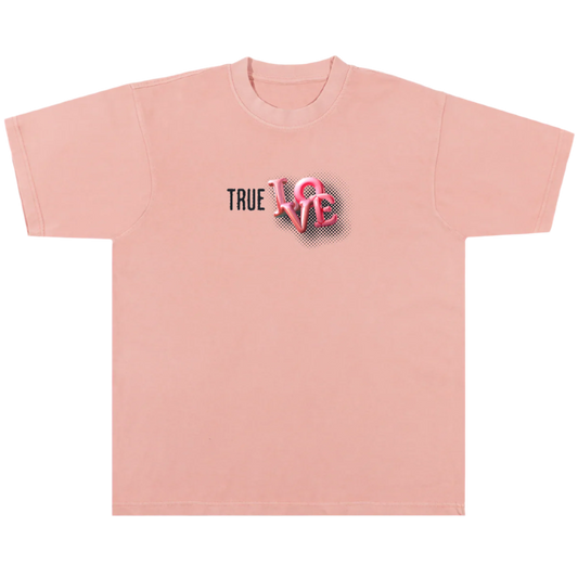 Pink t-shirt with 'True Love' graphic on a white background
